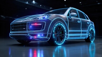 Digital Wireframe Futuristic Car SUV with Glowing Neon Details and Reflections