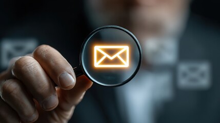 Conceptual Man Holding Magnifying Glass Over Glowing Digital Email Icon