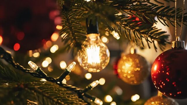 Close-up shot of a decorated Christmas tree with red and gold ornaments, string lights, and a warm, cozy background