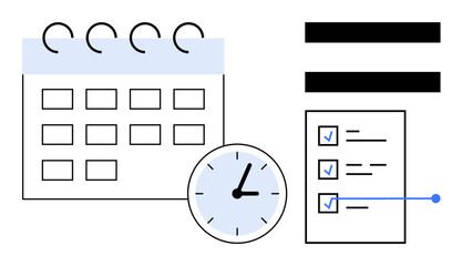 Calendar with spiral binding, clock, and checklist with completed tasks for time management, planning, and productivity. Ideal for scheduling, workflow, deadlines, efficiency prioritization