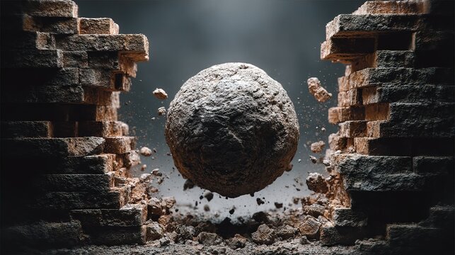 Dramatic Stone Ball Impact Breaking a Brick Wall in Dark Setting