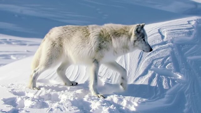Arctic wolf standing in snowy landscape with bright sunlight