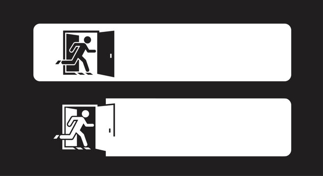 Set of two emergency exit signs featuring a running person silhouette through an open door, one on black and one on white.