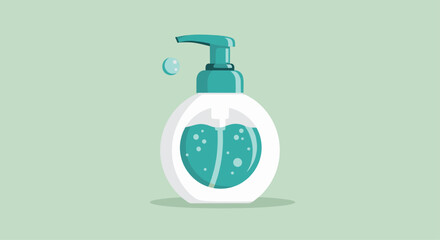Obraz premium Minimalist flat design illustration of a round liquid soap or hand sanitizer pump bottle on a green background.
