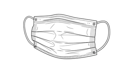 Detailed black and white line drawing of a disposable surgical face mask showing the pleats and ear loops for medical protection and safety.