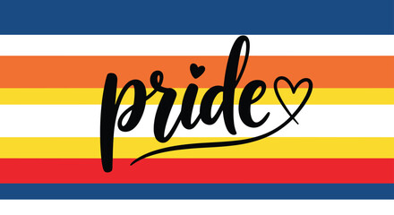 Pride word written in elegant black cursive lettering on a vibrant background with horizontal blue, white, orange, yellow, and red stripes.