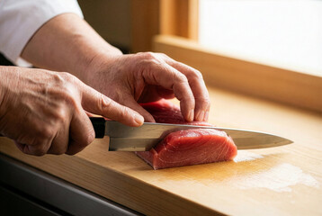Close-up of Japanese sushi chef's hands slicing fresh tuna sashimi with a sharp knife on a wooden cutting board.
