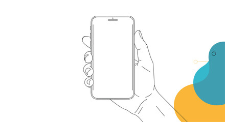 Hand-drawn outline of a hand holding a modern smartphone with a blank white screen for mobile app interface mockups.