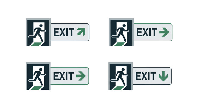 Four variations of emergency exit signs featuring a running person icon and directional arrows in green and white colors.