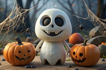 Friendly Halloween ghost character with jack-o-lanterns in spooky forest