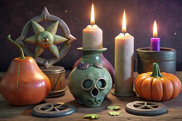 Spooky Halloween still life with candles and pumpkins on wooden table