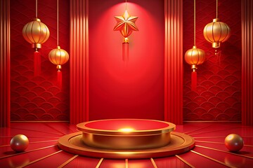 Vibrant red Chinese New Year scene with gold lanterns and decorations