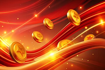 Golden coins floating on red and orange abstract background with dynamic lights