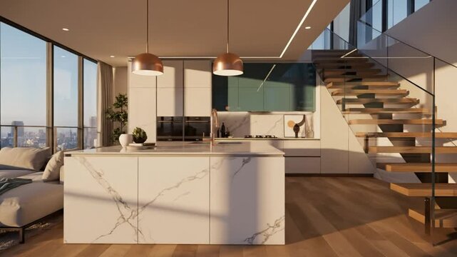 Luxurious open-plan apartment interior with modern kitchen island, copper pendant lights, and city views