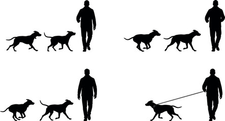 Silhouettes of a man and dogs in various interactions