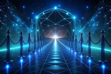 Futuristic glowing blue walkway with velvet ropes leading to illuminated archway