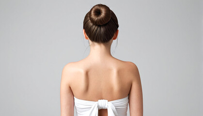 A woman stands confidently with her back to the camera, wearing a strapless white dress and sporting a neat bun hairstyle against a plain light grey background.