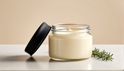 A small, round jar of light beige cream with a black lid slightly open, placed on a light-colored surface next to a sprig of fresh thyme.