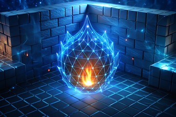 Glowing blue wireframe sphere with fiery core in futuristic digital room