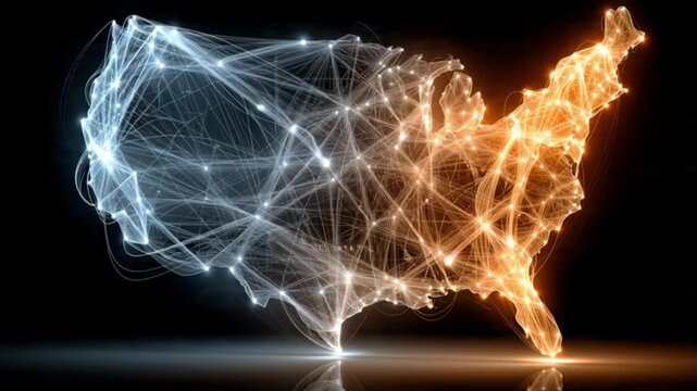 A network of glowing connections forms a wireframe map of the United States on a dark background
