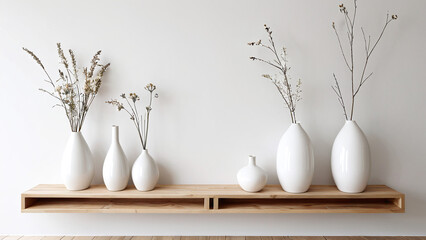Minimalistic room with wooden shelf and white ceramic vases placed in a row on the wall