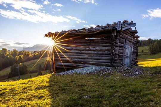 Alpine hut during sunrise at Seiser Alm (Alpe di Siusi), Dolomits