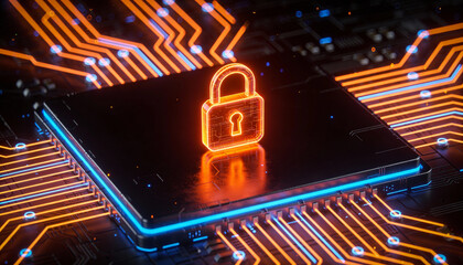 Digital shield with a luminous padlock icon, surrounded by radiant data streams, concept of cyber security innovation 