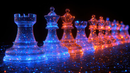 Glowing Chess Pieces with Sparkling Effects on Dark Background