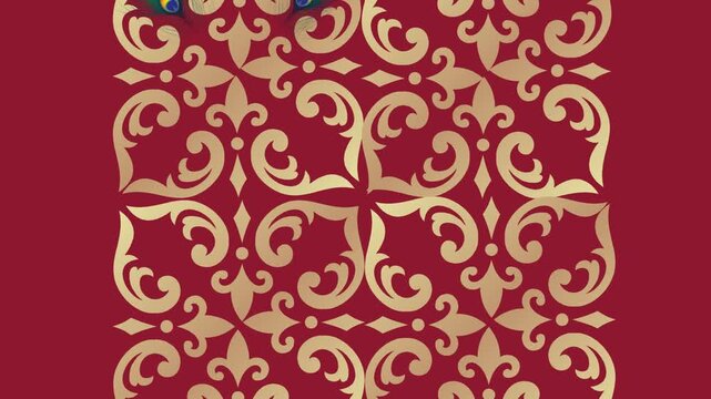 draw scenery of several peacock feather enclose by golden frame in square shape on maroon screen background
