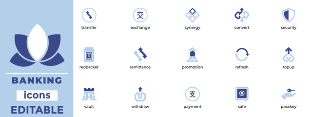 Modern Banking and Fintech Vector Icon Set  Digital Payment, Remittance, and Security Symbols