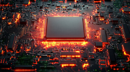 High-Tech Circuit Board with Glowing Components and Microchip