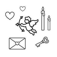 Minimalistic black and white Valentine's Day sticker pack with line icons of hearts, cupids, letters, candles, and keys.