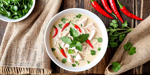 Rustic wooden table setting for Thai chicken soup with fresh herbs and burlap napkin