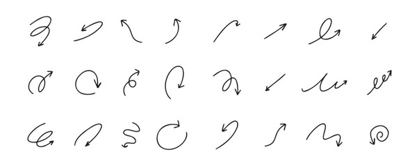 Naklejka premium Doodle spiral arrows set. Hand drawn arrows. Design quirky twist line, curve wave arrow. 