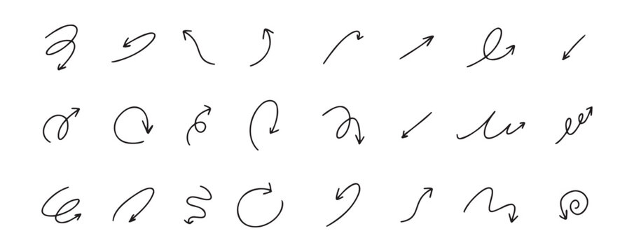 Doodle spiral arrows set. Hand drawn arrows. Design quirky twist line, curve wave arrow. 
