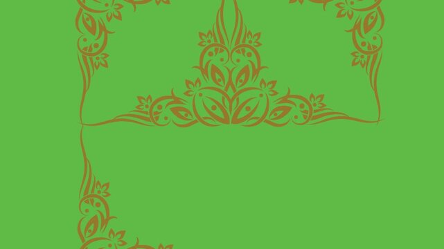 draw scenery of four oil lamp enclose by golden frame in square shape on abstract green screen background
