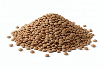 Pile of brown lentils on a white background heap food