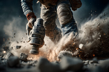 Close-up of a construction worker breaking concrete with a jackhammer in an industrial setting filled with dust