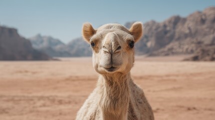 Camel in Desert Landscape Under Clear Sky, Captured in Stunning Detail, Perfect for Wildlife and Nature Enthusiasts, Stock Photo for Various Uses