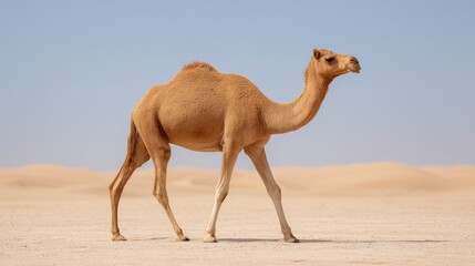 Single Camel Walking Gracefully Across Expansive Desert Landscape Under Clear Blue Sky with Sandy Dunes in the Background