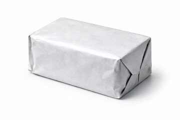 Rectangular object wrapped in plain silver paper on white background package