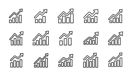 Fototapeta premium A pattern of fifteen line-art bar graphs with ascending arrows, presented on a white background. Each icon represents upward progress