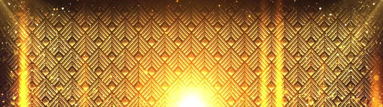 Luxurious Golden Art Deco Geometric Pattern Background with Sparkling Particles and Light Flares