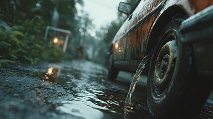 Car parked with engine oil leak dark spots and dripping stream from rear wheel area