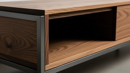A close-up of a modern, rectangular wooden entertainment center with metal frame
