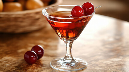 Refreshing Cherry Cocktail Garnished with Red Cherries in Glass