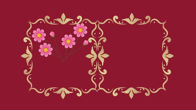 draw set of several pink flower decorate with various bud enclose by golden frame in rectangle shape on maroon screen background
