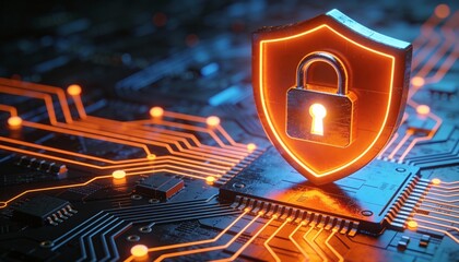 Digital shield with a luminous padlock icon, surrounded by radiant data streams, concept of cyber security innovation 
