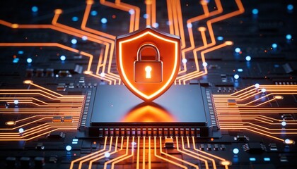 Digital shield with a luminous padlock icon, surrounded by radiant data streams, concept of cyber security innovation 