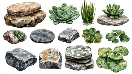 Realistic Illustrations of Diverse Stones and Succulents for Design Use